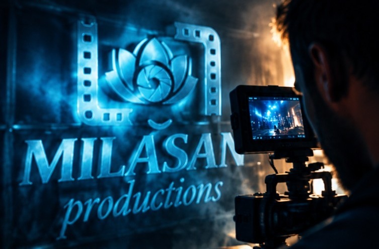 Milasan Productions – cinematic camera setup and illuminated brand logo